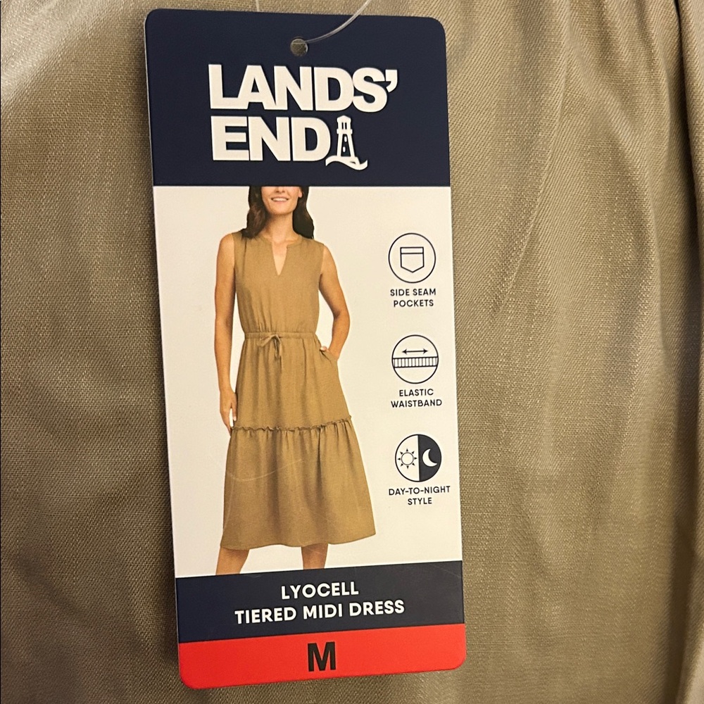 Lands' End Beige Sleeveless Midi Dress with Pockets and tie waist, Womens Size M